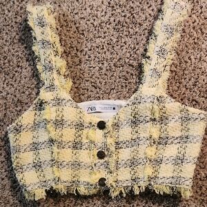 Zara Yellow and Black Tweed Crop Top with Buttons